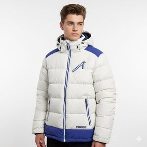 Marmot Men’s 700 Fill Down Jacket Hooded Winter Blue White Medium
